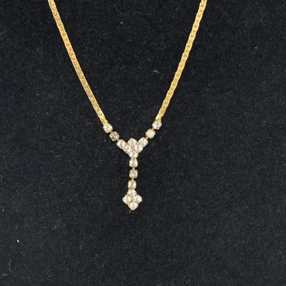 Vintage 18K Gold Filled Y-Drop Crystal Necklace Flat S-Link Chain 16 Inch